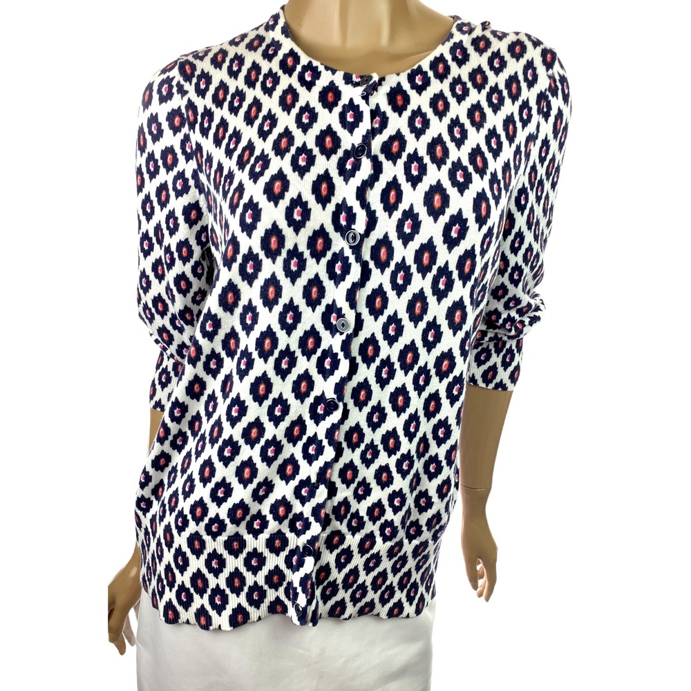 Foxcroft Cardigan Sweater Sz M 3/4 Sleeve White w/Navy & Red Design Button Front